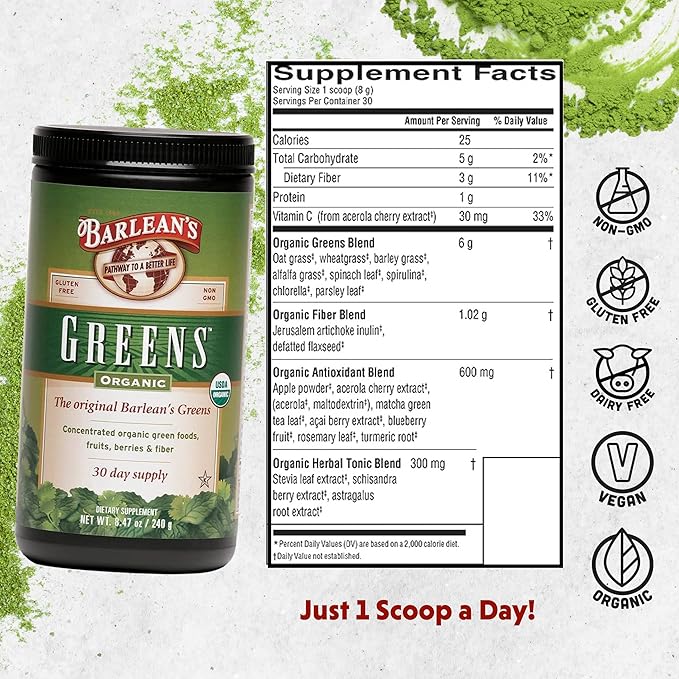 Barlean's Organic Greens Powder, Daily Fruit and Vegetable Superfood Supplement with Green Food Protein, Probiotic Blend and Fiber Drink Mix, 8.47 oz
