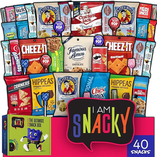 I AM Snacky - Haloween Trick or Treats Snack Box Variety Pack Care Package + Greeting Card - SNACKY'S BASH BOX (40 Count) Birthday Sweet Treats Gift Basket, Candies Chips, Office Food Assortments