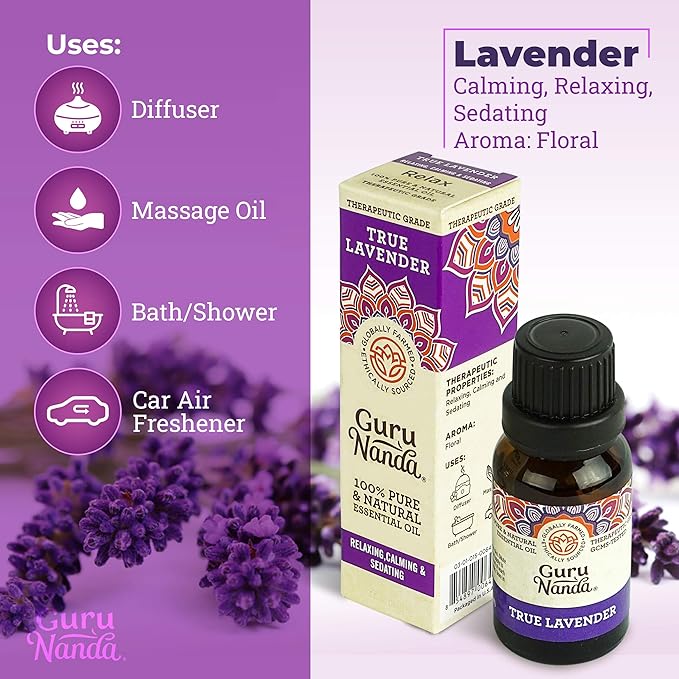 GuruNanda Lavender Essential Oil, 100% Pure, Natural & Undiluted Aromatherapy Oil for Diffusers, Massage & DIY Recipes, Aids Relaxation and Feeling of Calmness (0.5 FL Oz)