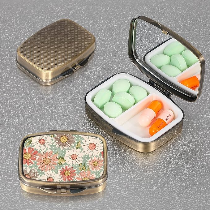Dynippy Pill Case Pill Box with Mirror Retro Pocket 2 Compartment Medicine Case Vitamin Pill Organizer for Pocket Purse and Travel (A-Retro Flower)
