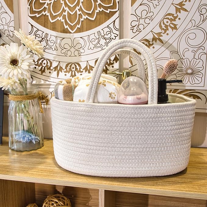Baby Diaper Caddy Girl Boy Organizer Small Woven Baskets With Handle, Cotton Rope Tote For Shower Nursery, Decorative Small Storage Baskets For Shelves,Unique Gift Baby