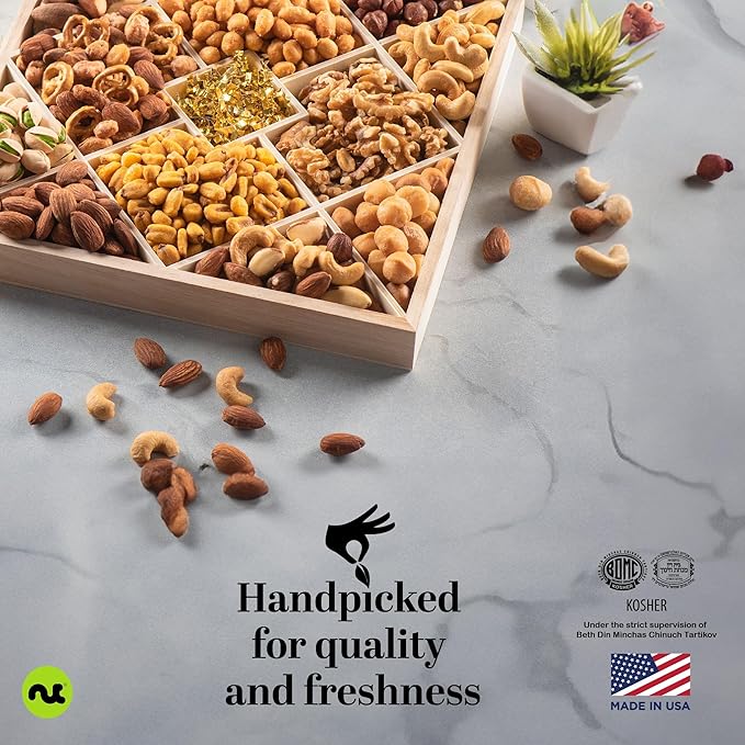 NUT CRAVINGS - Diwali Sweets Hamper Mixed Nuts Gift Basket in Reusable Diamond Wooden Tray + Green Ribbon (12 Assortments) Food Arrangement Healthy Snack Care Package