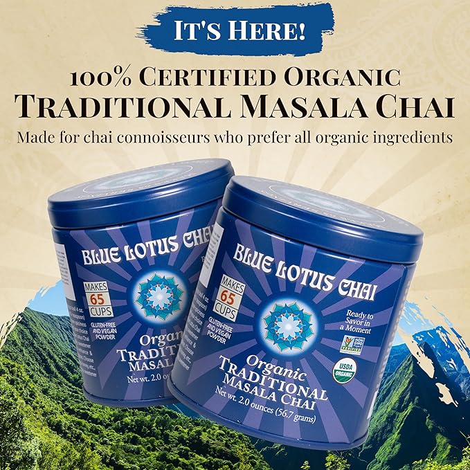 Blue Lotus Chai Tea - Fully Organic Traditional Masala Chai - Makes 65 Cups - 2 Ounce Masala Spiced Chai Powder with Organic Spices - Instant Indian Tea No Steeping - No Gluten