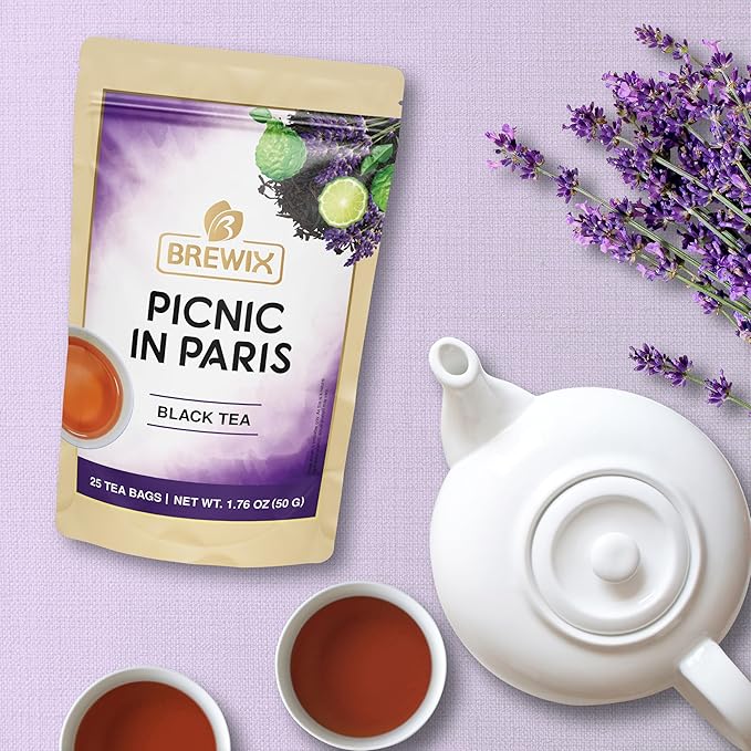BREWIX, Earl Grey with Lavender Tea, Picnic in Paris Black Tea (25 Pyramid Tea Bags) | Black Tea with Bergamot, Lavender and Vanilla Notes | Gourmet Tea
