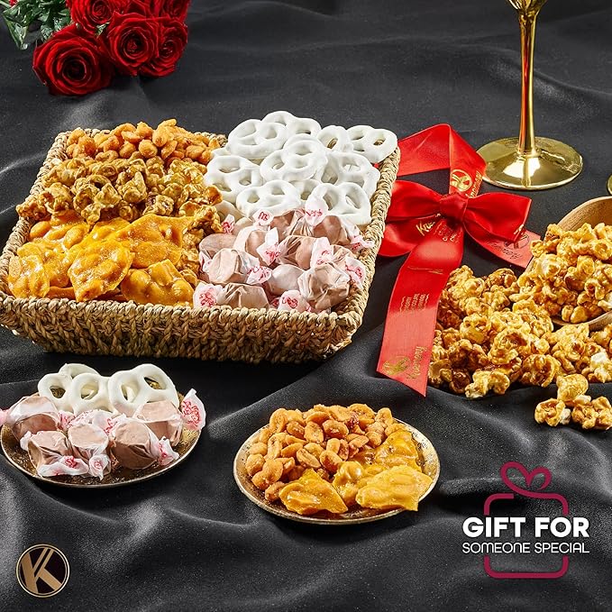 KREMERY Creamy Chocolate Cravings - Diwali Sweets Hamper Chocolate Covered Pretzels & Caramel Popcorn Gift Basket, in Seagrass Tray + Ribbon (Classic, 1.5 lbs) Food Arrangement