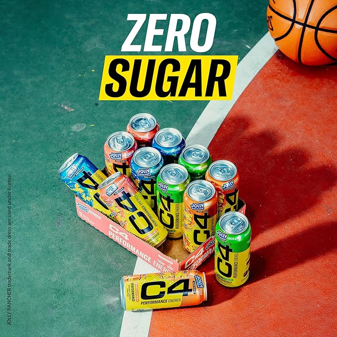 Cellucor C4 Performance Energy Drink | JOLLY RANCHER Peach | Zero Sugar Carbonated Preworkout Energy | 200mg Caffeine with Beta Alanine | 16 Fl Oz (24 Pack)