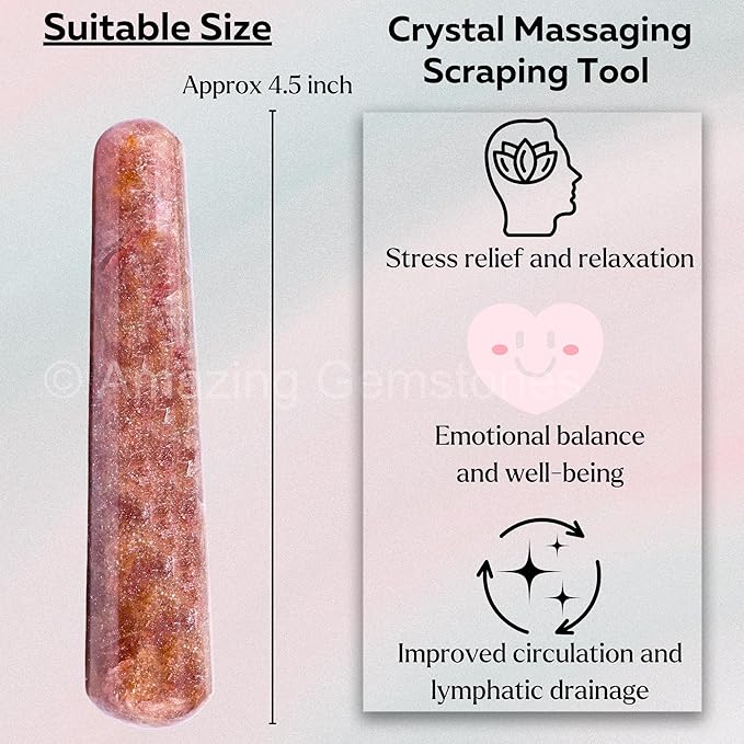 Amazing Gemstone Strawberry Quartz Crystal Wand Massage Stick - Pelvic Wand Gua Sha for Adults - Crystals and Healing Stones Massage Wands for Adults Gifts (Smooth)