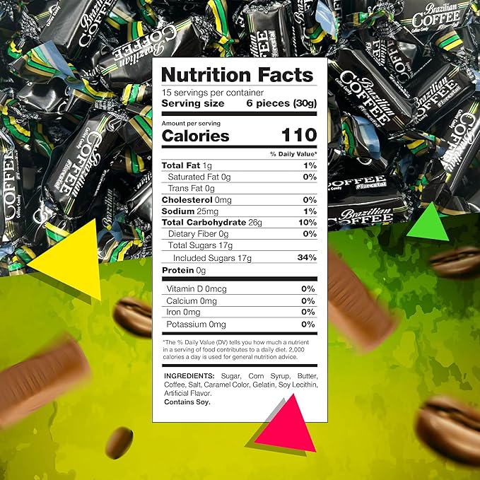 Brazilian Coffee Candy | 1 Lb Bag - 90 Count | Coffee Taffy Candy Individually Wrapped | Brazilian Taffies for Office | Desk & Travel Treat | Bold Flavor