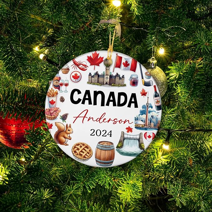 Canadian Xmas Tree Ceramic Ornament, Personalized Canada Cultural Heritage and Traditions Artwork Ornament Christmas 2025, Custom Name Canada Travel Souvenir Ceramic Ornament Gifts for Travel Lover