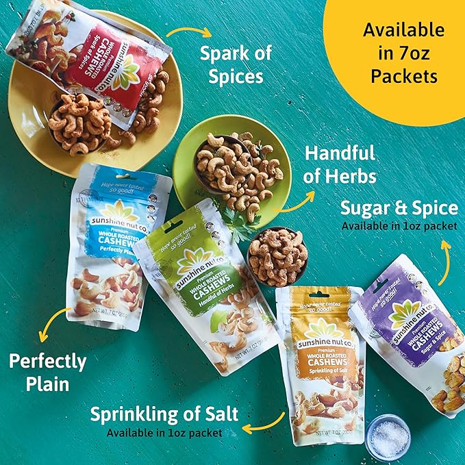 Sunshine Nut Company Whole Roasted Lightly Salted Cashews, Sprinkling of Salt Flavor, 12-Pack, 1.05 oz., Gluten Free, Peanut Free and Vegan Individual Snack Packs for Kids and Adults, GMO Free