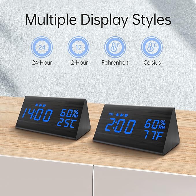 Digital Alarm Clock, with Wooden Electronic LED Time Display, 3 Alarm Settings, Humidity & Temperature Detect, Wood Made Electric Clocks for Bedroom, Bedside (Black - Blue Led)