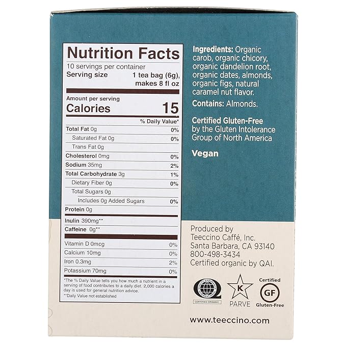 Teeccino Dandelion Tea – Caramel Nut - Roasted Herbal Tea | Organic Dandelion Root | Prebiotic | Caffeine Free | Gluten Free | Acid Free, Coffee Alternative, 10 Tea Bags