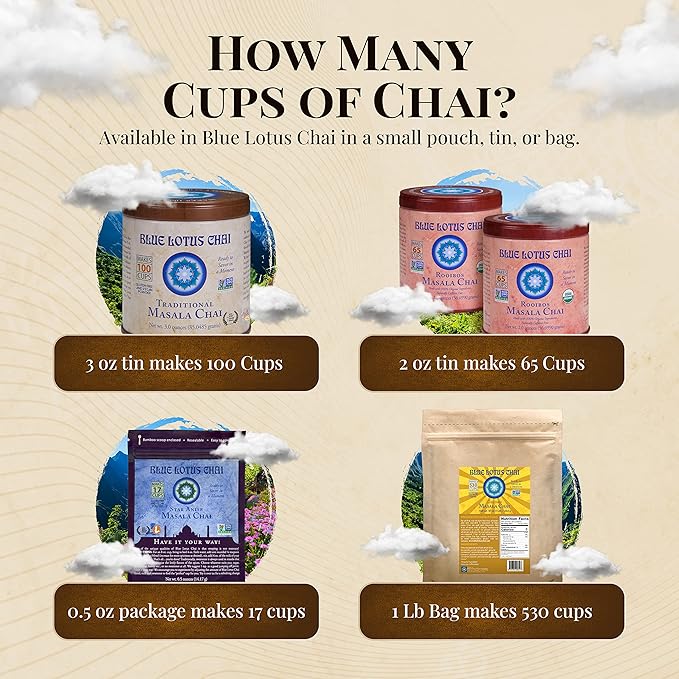 Blue Lotus Chai - Traditional Masala Chai - Makes 530 Cups - 1 Pound Bulk Bag Masala Spiced Chai Powder with Organic Spices - Instant Indian Tea No Steeping - No Gluten