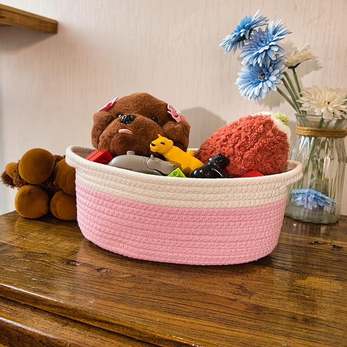 2 Pack Small Woven Storage Basket with Handles 12"x8"x5", Decorative Rope Bin for Home Organization, Shelf Storage,Cotton Rope Room Shelf Storage Basket with Handles