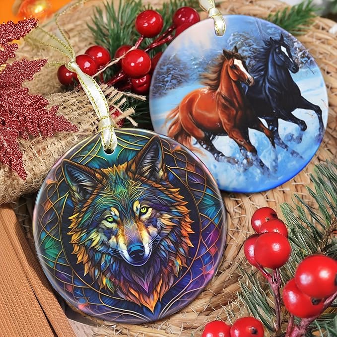 Ceramic Wolf Hanging Ornament - Christmas Tree Decor - Gifts for Wolf Lovers