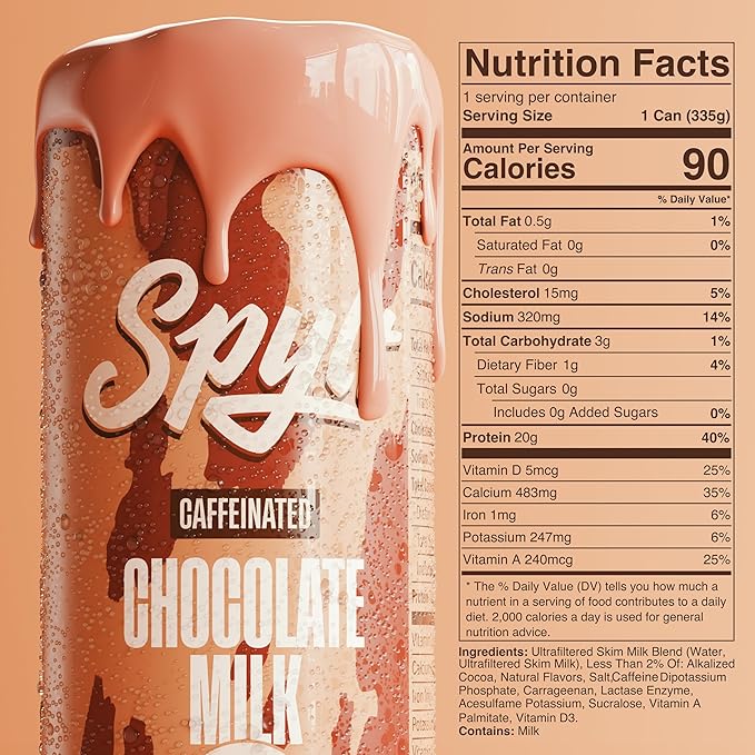 Spylt High Protein Chocolate Milk with 60mg Caffeine & 20g Protein - 90 Calories, Ready to Drink, Sugar Free, Lactose Free Milk, Perfect for Workout Recovery & Afternoon Pick Me Up - 12 Count