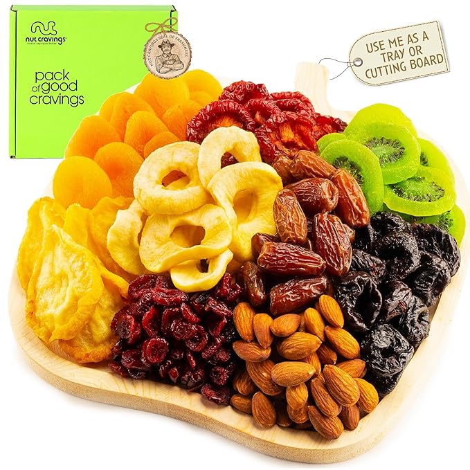 NUT CRAVINGS - Diwali Sweets Hamper Dried Fruit & Mixed Nuts Gift Basket in Wooden Apple-Shaped Tray (9 Assortments) Food Arrangement, Healthy Snack Care Package,