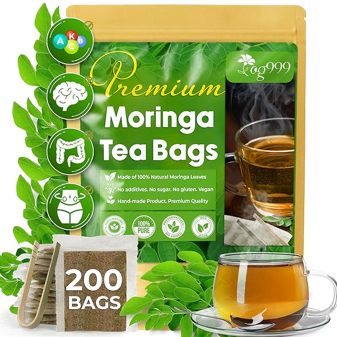TOG999, Premium 200 Moringa Leaf Tea Bags, 100% Natural & Pure. Loose Leaf Moringa Herbal Tea. No Sugar, No Caffeine, No Gluten, Vegan.