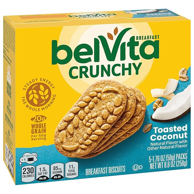 belVita Breakfast Bars Biscuits, Toasted Coconut, 30 Total Packs, 6 Boxes (4 Biscuits Per Pack)