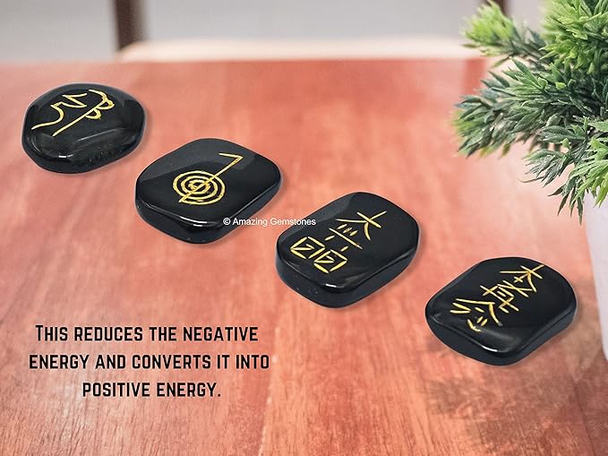 Amazing Gemstone Black Agate Crystal Reiki Stones with Engraved Symbols for Usui Reiki Healing, Set of 4 Pcs (Indian Handmade Reiki Gift Set)
