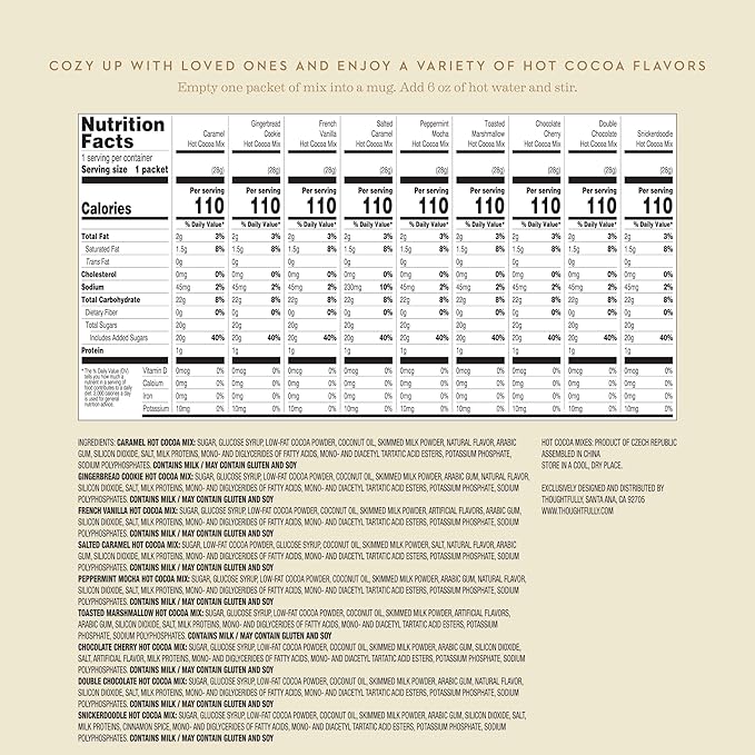 Thoughtfully Gourmet Hot Chocolate Gift Set, Flavors Include Salted Caramel, Peppermint, French Vanilla and More, Packaged in Gift Box with Bow, Set of 9