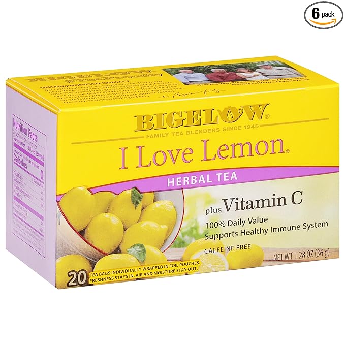 Bigelow Tea I Love Lemon with Vitamin C Herbal Tea, Caffeine Free Tea with Lemon, 20 Count Box (Pack of 6), 120 Total Tea Bags
