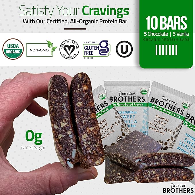 Bearded Brothers Organic Protein Bars, Dark Chocolate and Vanilla (10 Pack) - Plant Based Protein, Gluten Free, Vegan