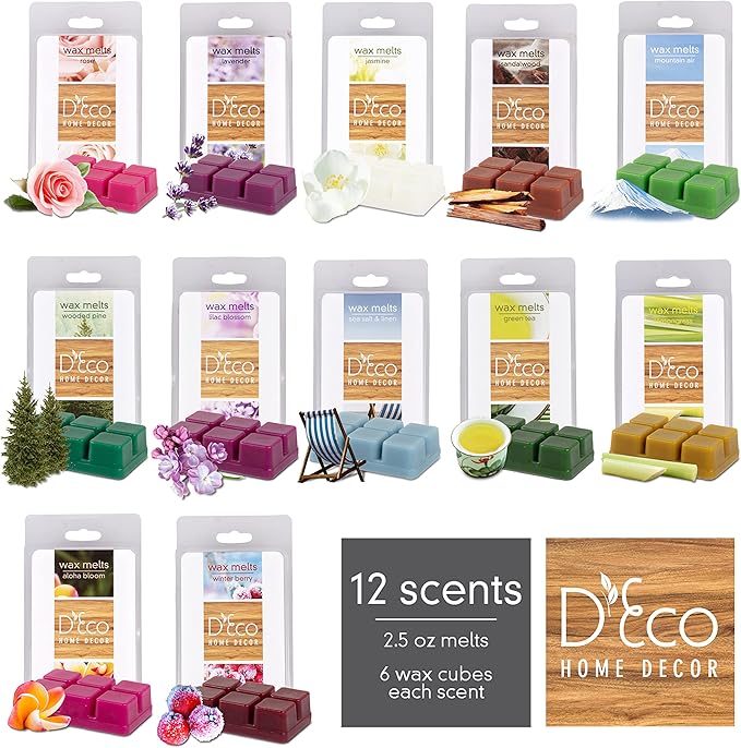 D'Eco Floral Scented Wax Melts - 12 Count Variety Pack Home Fragrances - Long Lasting Scented Wax Tarts for Warmers - Rose, Pine, Winter Berry, Lavender, Jasmine, Sea Salt Linen, Lilac & Nature Scents