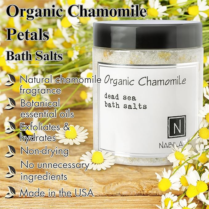 Organic Chamomile Bath Salts by Nabila K - Dead Sea Salt & Epsom Salt Scrub & Soak - Exfoliates & Hydrates Skin, Botanical Essential Oils - Bubble Bath Accessories for All Skins Types, 2 oz