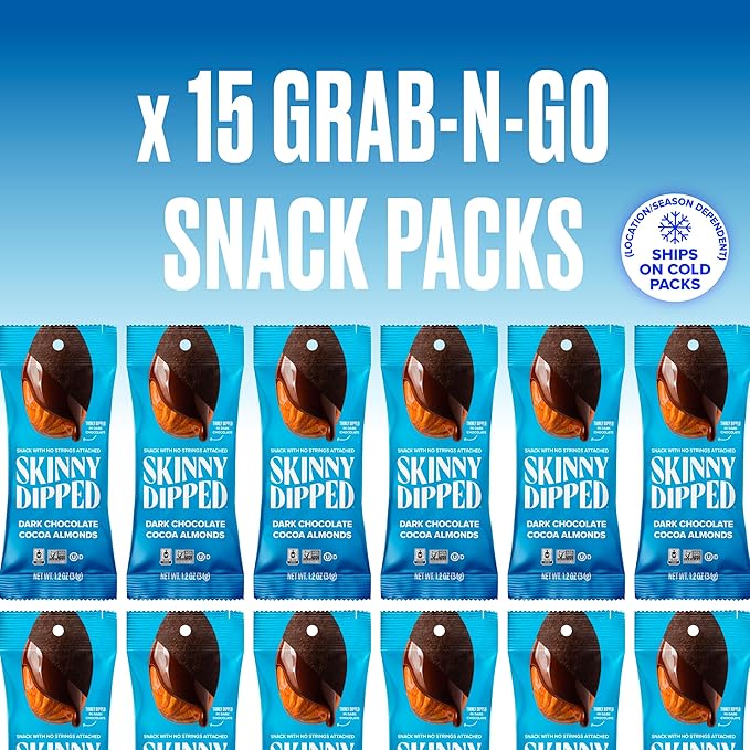 SkinnyDipped Dark Chocolate Cocoa Almonds, Chocolate Covered Almonds, Low Sugar, Gluten Free, Healthy Snack, 1.2 Ounce Bags (Pack of 15)