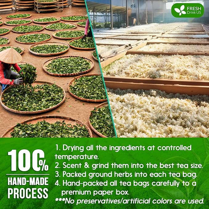 FreshDrinkUS, Premium 20 Tea Bags of Jasmine Green Tea, 100% Natural. Exquisite Flavor, Handpicked Leaves, Perfect for Tea Lovers. No Sugar, No Gluten, Vegan.