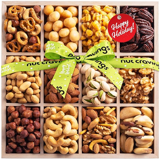 NUT CRAVINGS Gourmet Collection - Christmas Treats Nuts Gift Basket with Happy Holiday Ribbon in Reusable Wooden Tray (12 Assortments) Food Arrangement, Healthy Snack Care Package, Food Assortments