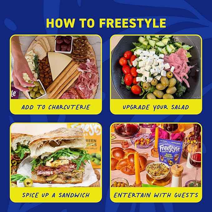 Freestyle Snacks Olive Snack Packs - Fresh Pitted Green & Kalamata Olives, 5 Flavors, Jumbo-Sized, Grown in Greece, All Natural, Non-GMO, Paleo, Sugar-Free, Keto Snacks - Variety Pack, 4oz (5 Pack)