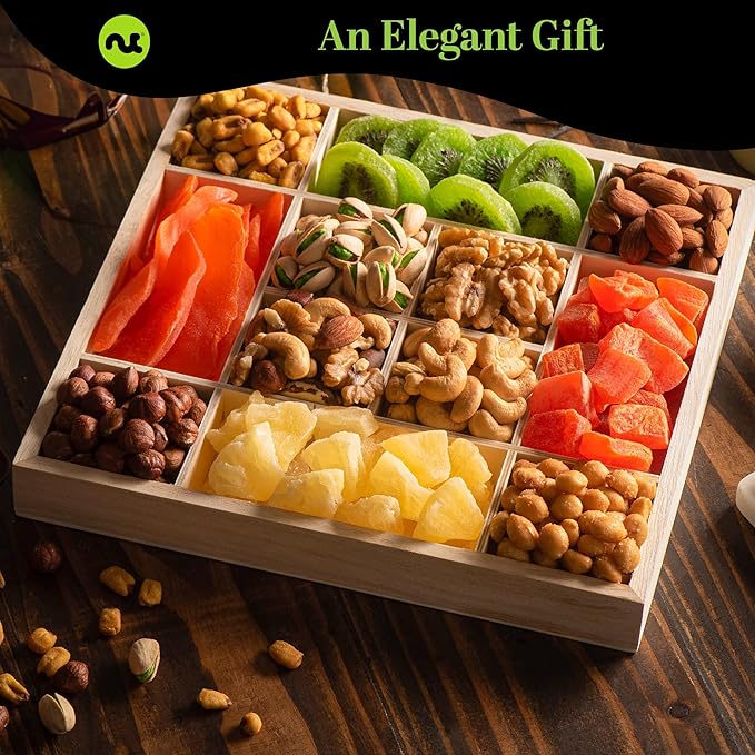 NUT CRAVINGS Gourmet Collection - Happy Birthday Treats, Dried Fruit & Mixed Nuts Gift Basket with Bday Ribbon in Reusable Wooden Tray (12 Assortments) Food Arrangement, Healthy Snack Food Assortments