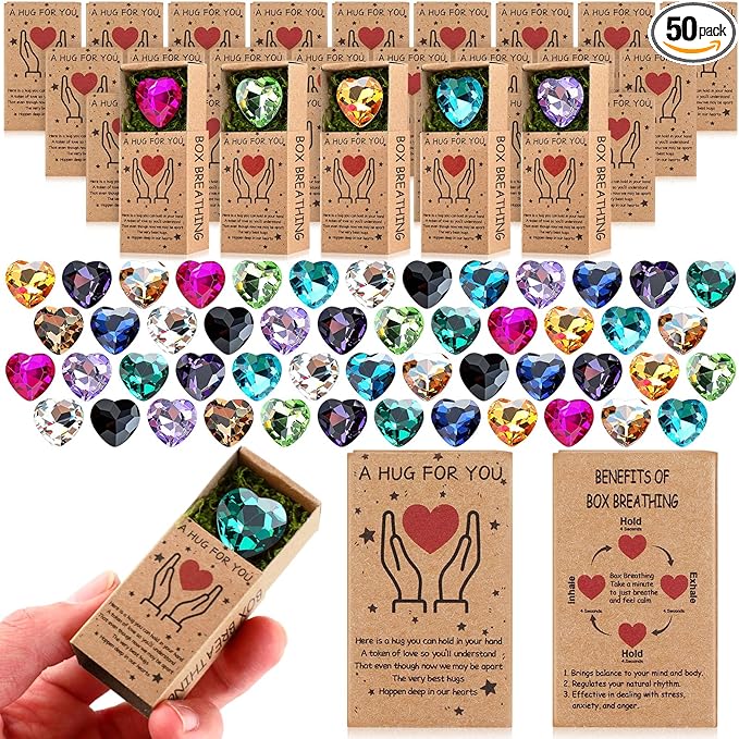Landical 50 Sets Pocket Hug Token Gifts Small Crystal Heart Stones Bulk with Boxes Mini Heart Shape Natural Stones for Colleagues Family Distance Social Celebration of Life Gifts(Rhinestones)