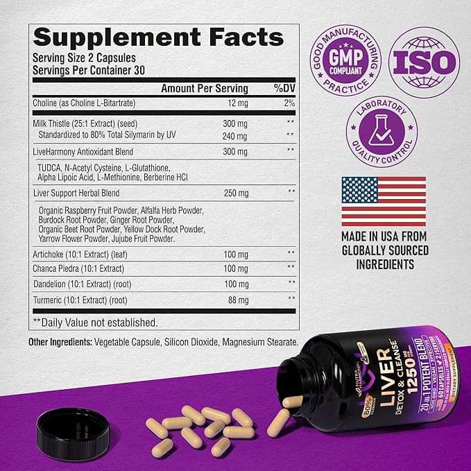 Liver Cleanse Detox & Repair - Milk Thistle | Dandelion | Artichoke | TUDCA | Glutathione & NAC - Effective Liver Health Supplement | 80% Silymarin - Laboratory Tested, Vegan - Made in USA 60 Capsules
