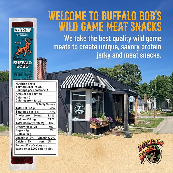 Buffalo Bob's Wild Game Meat Snack - Venison and Beef Peppered Jerky 10 Pack