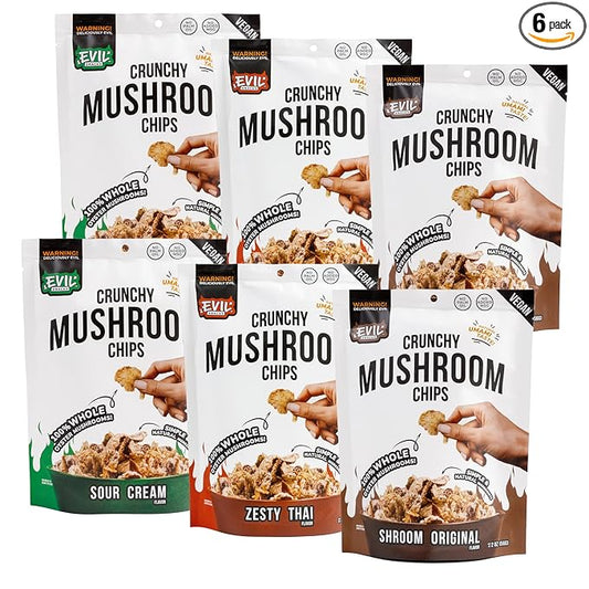 EVIL SNACKS Crunchy Mushroom Chips - VARIETY PACK, Non-GMO, Plant-Based, Vegan - Nutrient-Packed, On-the-Go Snack - 1 Oz (6 Pack)
