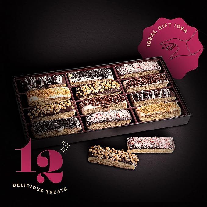 KREMERY Creamy Chocolate Cravings - Diwali Sweets Hamper Chocolate Covered Biscotti Cookies Gift Basket, in Elegant Gift Box (12 Biscotties, Assorted Sweet Toppings)