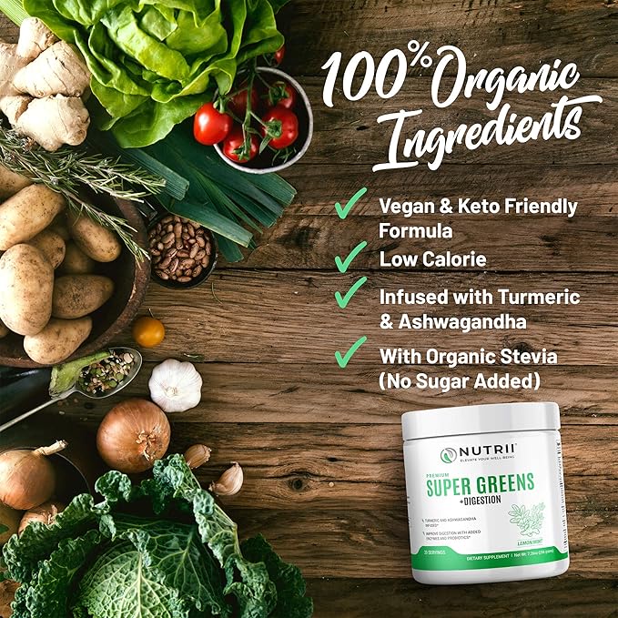 Organic Green Immunity Superfood Powder - Soothes Digestion, Boosts Healthy Vitality and Energy. Fast Acting Formula with Probiotics, Enzymes, Turmeric and Ashwagandha (30 Servings Lemon-Mint)
