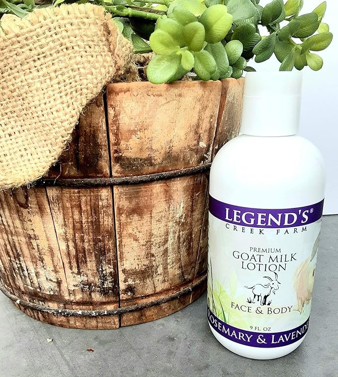 Legend's Creek Farm Goat Milk Lotion - Moisturizing Goat Milk Body Lotion for Body, Hand & Face - 9 oz Body Moisturizer with Shea Butter, Sunflower Oil, Aloe, Handmade in USA (Rosemary & Lavender L.)