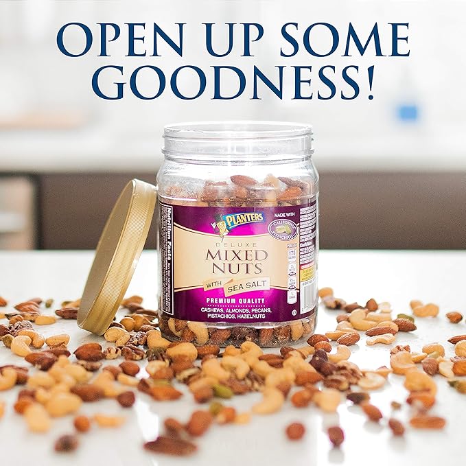 PLANTERS Deluxe Mixed Nuts, Cashews, Almonds, Pecans, Pistachios, Hazelnuts, Roasted with Sea Salt, Party Snacks, Plant-Based Protein Nut Mix, Snacks for Adults, After School Snack Mix, 27oz