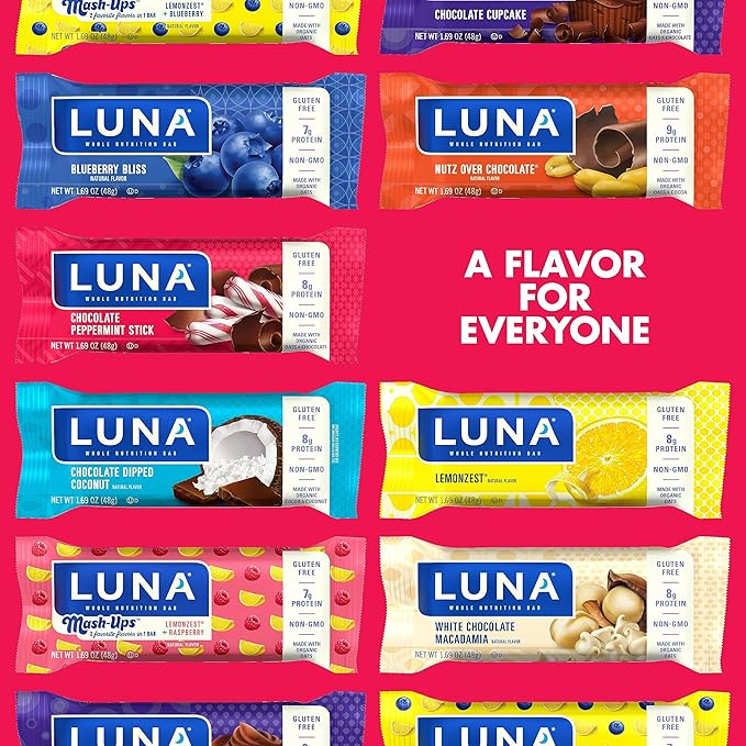LUNA Bar - Chocolate Peppermint Stick Flavor - Snack Bars - Non-GMO - Gluten-Free Protein Bars - Made with Organic Oats (12 Pack)