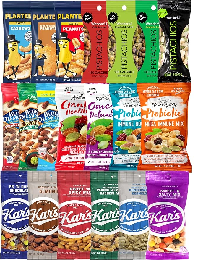 Niro Gift Basket Trail Mix Snacks Variety Pack for Adults, 20-Pack of 20 Different Healthy Snacks for Adults, Individually Wrapped Nut and Mix Assortment for On-The-Go Snacking