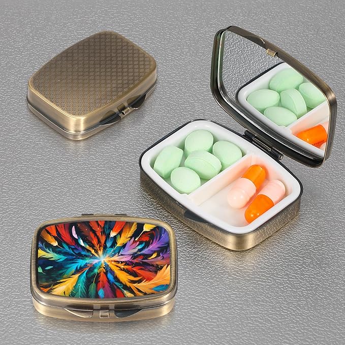 Dynippy Pill Case Pill Box with Mirror Retro Pocket 2 Compartment Medicine Case Vitamin Pill Organizer for Pocket Purse and Travel (Retro- Colored Feather)