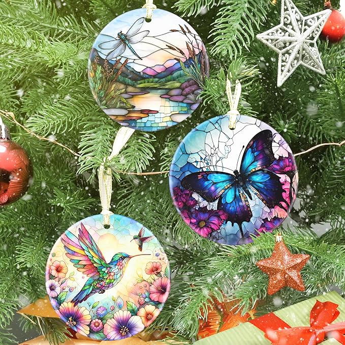 Butterfly Ceramic Hanging Ornament - 3.5 Inch, Butterfly Ornaments for Christmas Tree, Gifts for Holiday Present Exchange