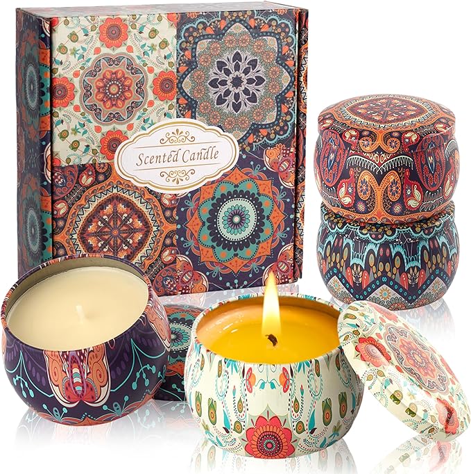 Scented Candles Gift Set - Women Candle Set Natural Soy Wax Aromatherapy Candle Small Gifts 120H Burn Time Candle 4 Pack 4.4 Oz for Christmas Birthday Mum Girl Teacher Mothers Day Bath