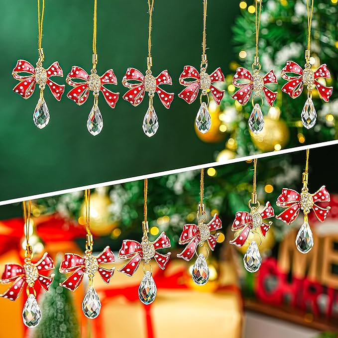 H&D HYALINE & DORA 6 Pcs Red Bow Ornaments for Christmas Tree Decorations Rhinestones Bow Crystal Suncatcher Gifts Hanging Ornaments for Home Xmas Holiday Decor