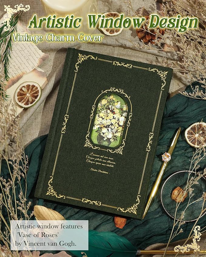 Thick Journal for Women & Girls, 360 Pages A5 Writing Journaling Notebook with Paintings, Women Journal for Writing, Vintage Journal with Gift Box & Pen for Women Gift Ideas (Deep Olive Green)