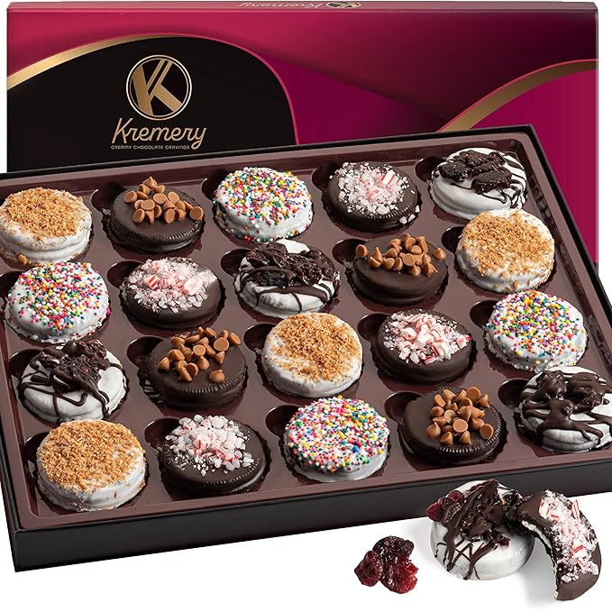 KREMERY Creamy Chocolate Cravings - Diwali Sweets Hamper Chocolate Covered Sandwich Cookies & Cream Gift Basket, in Elegant Gift Box (20 Cookies, Assorted Sweet Toppings)